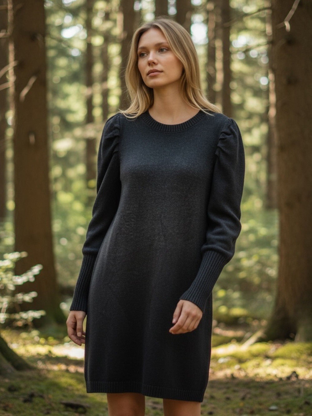 WAYF Black Long Sleeve Puff Shoulder Sweater Knit Dress